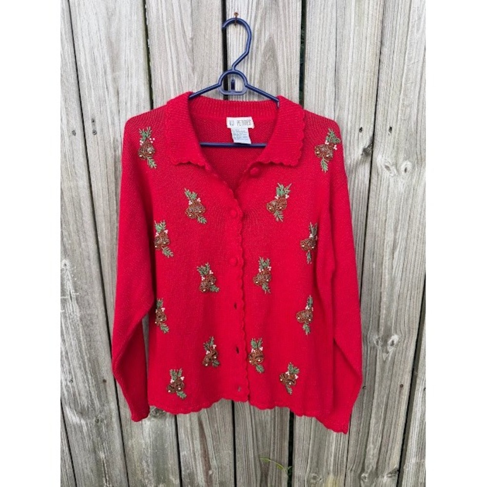 Vintage VJ Petites Cardigan Women PL Red Christmas Bell Beaded Scalloped Sweater